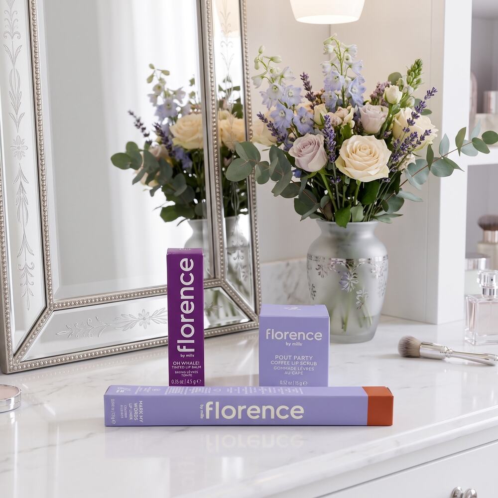 Florence by Mills 3 Piece Lip Set Tinted Balm Lip Liner Coffee Scrub
